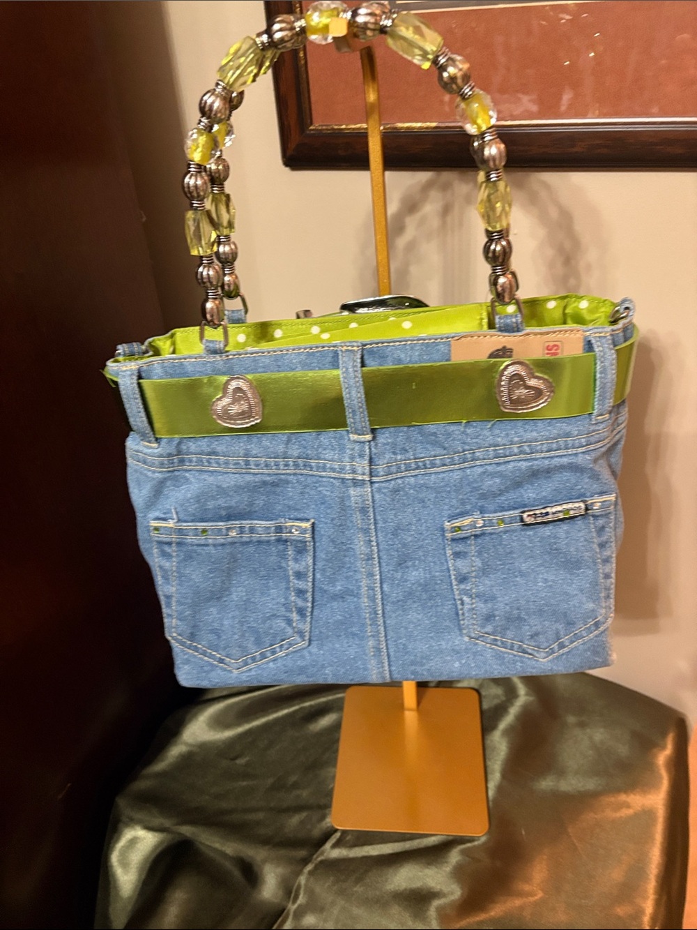 Denim Tote with Lime Green Trim and Beaded Handles - Picture 4 of 9